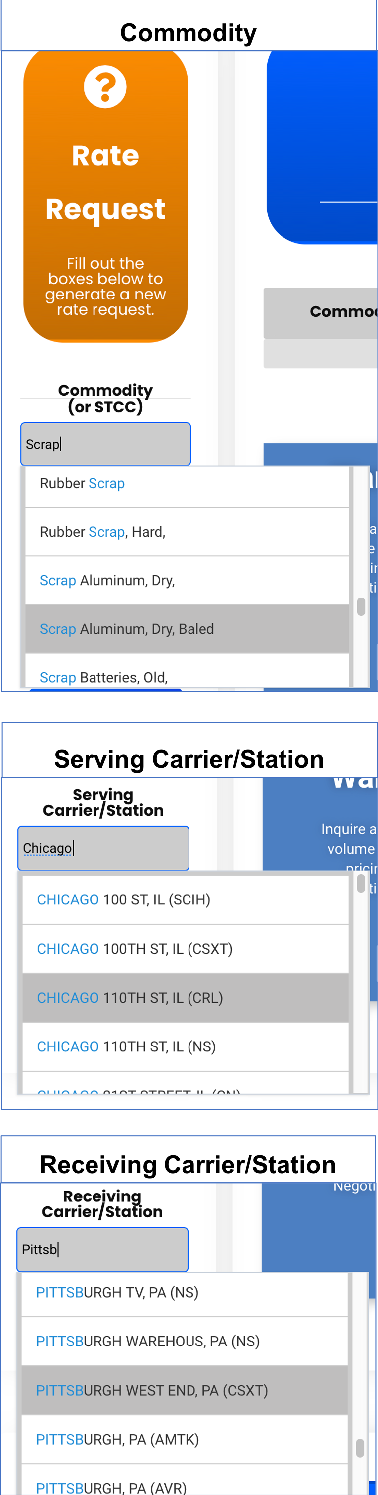 RRA rate request form fields — commodity, serving and receiving carrier stations